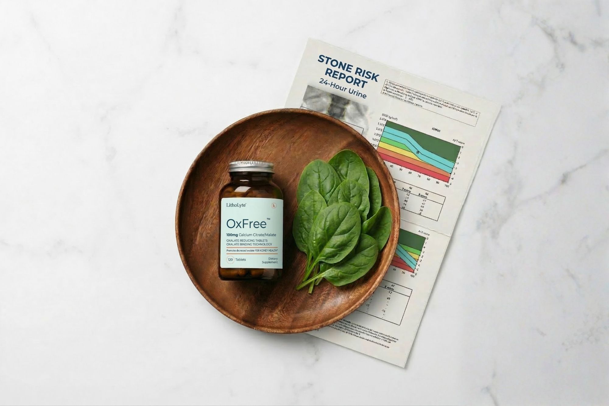 OxFree bottle on a wooden tray beside spinach and a 24-hour urine Stone Risk Report