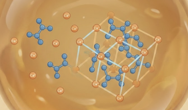 Animation: calcium and oxalate molecules drifting together and locking into a crystal complex
