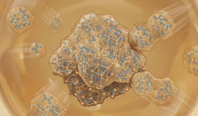 Animation: multiple crystal complexes drifting and clustering together into stones