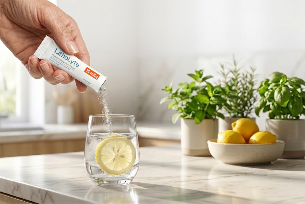 LithoLyte stick being poured into a glass of water