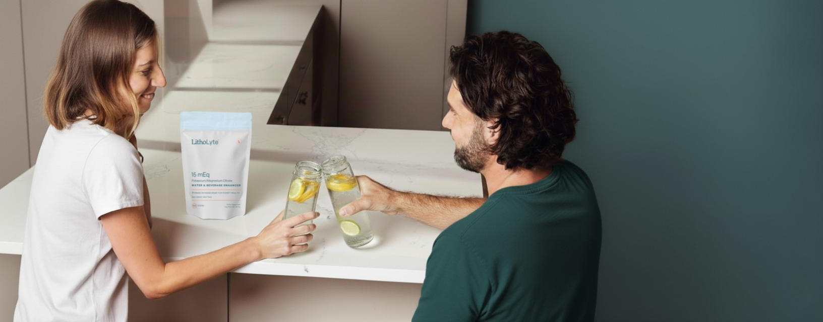 Two people toasting glasses of LithoLyte at a kitchen counter.